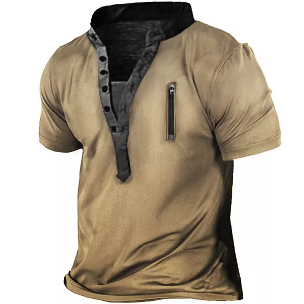 Men's Outdoor Zip Retro Print Heney Short Sleeve T-Shirt