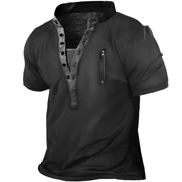 Men's Outdoor Zip Retro Print Heney Short Sleeve T-Shirt